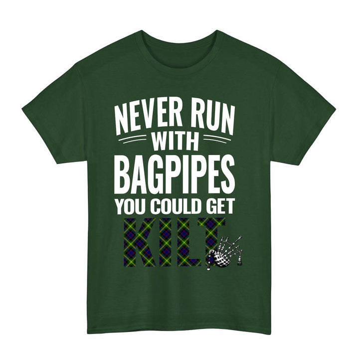 Scottish Watson Modern Clan Tartan Never Run With Bagpipes T-Shirt Tartan Plaid Forest Green Color