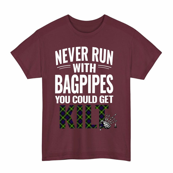 Scottish Watson Modern Clan Tartan Never Run With Bagpipes T-Shirt Tartan Plaid Maroon Color
