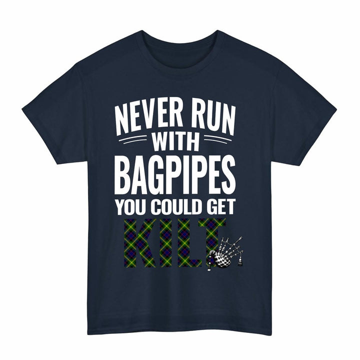 Scottish Watson Modern Clan Tartan Never Run With Bagpipes T-Shirt Tartan Plaid Navy Color