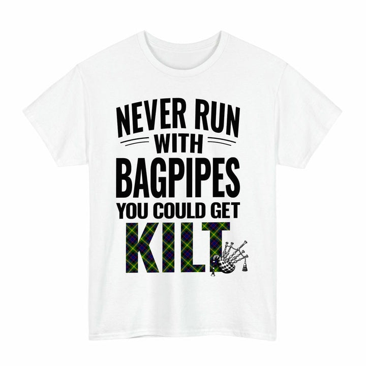 Scottish Watson Modern Clan Tartan Never Run With Bagpipes T-Shirt Tartan Plaid White Color