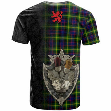 Scottish Watson Modern Clan Tartan T-Shirt - Half Thistle Flowers Celtic Design Back Side Tartan Plaid