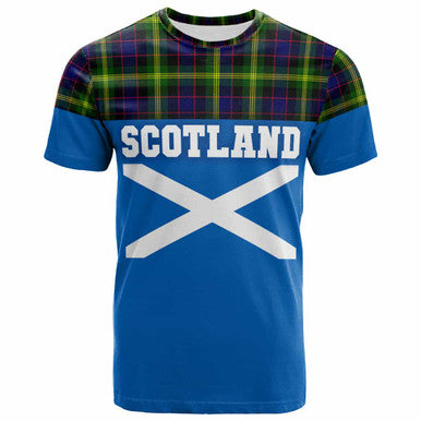Scottish Watson Modern Clan Tartan T-Shirt - Lion Rampant of Scotland With Flag Front Side Tartan Plaid