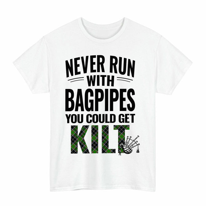 Scottish Webster Clan Tartan Never Run With Bagpipes T-Shirt Tartan Plaid White Color