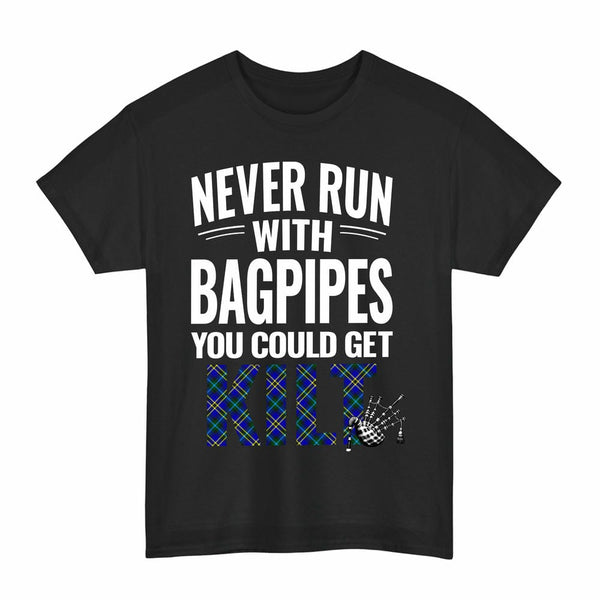 Scottish Weir Modern Clan Tartan Never Run With Bagpipes T-Shirt Tartan Plaid Black Color