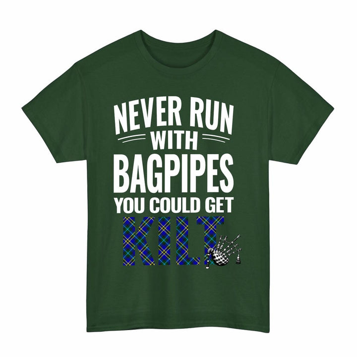 Scottish Weir Modern Clan Tartan Never Run With Bagpipes T-Shirt Tartan Plaid Forest Green Color