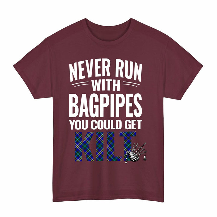 Scottish Weir Modern Clan Tartan Never Run With Bagpipes T-Shirt Tartan Plaid Maroon Color