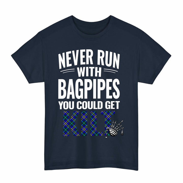 Scottish Weir Modern Clan Tartan Never Run With Bagpipes T-Shirt Tartan Plaid Navy Color
