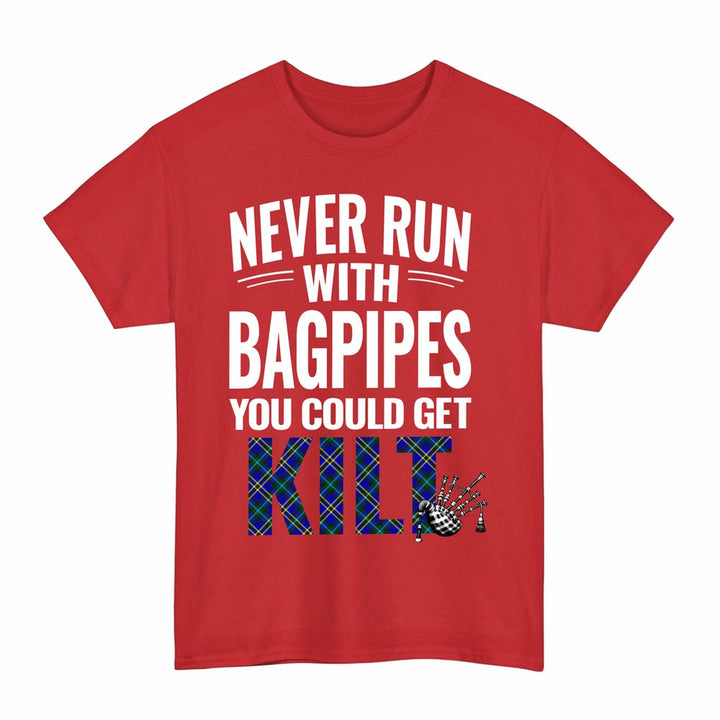 Scottish Weir Modern Clan Tartan Never Run With Bagpipes T-Shirt Tartan Plaid Red Color