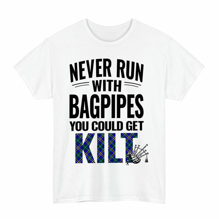 Scottish Weir Modern Clan Tartan Never Run With Bagpipes T-Shirt Tartan Plaid White Color