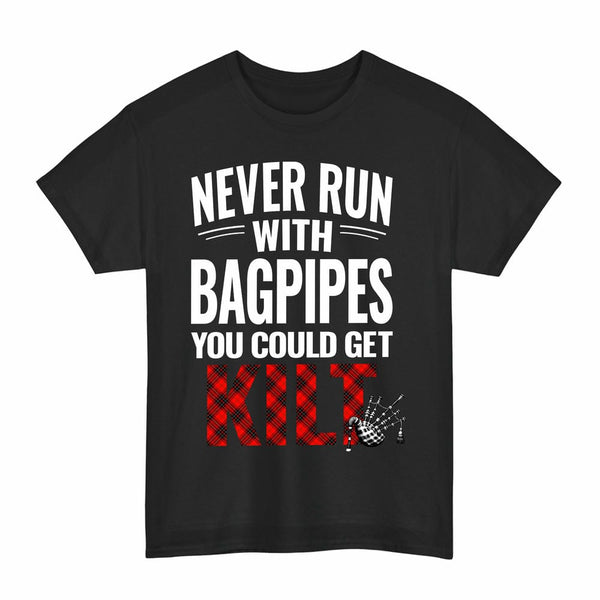 Scottish Wemyss Modern Clan Tartan Never Run With Bagpipes T-Shirt Tartan Plaid Black Color