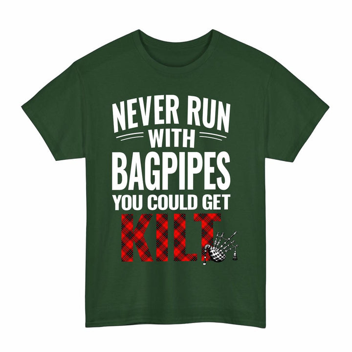 Scottish Wemyss Modern Clan Tartan Never Run With Bagpipes T-Shirt Tartan Plaid Forest Green Color