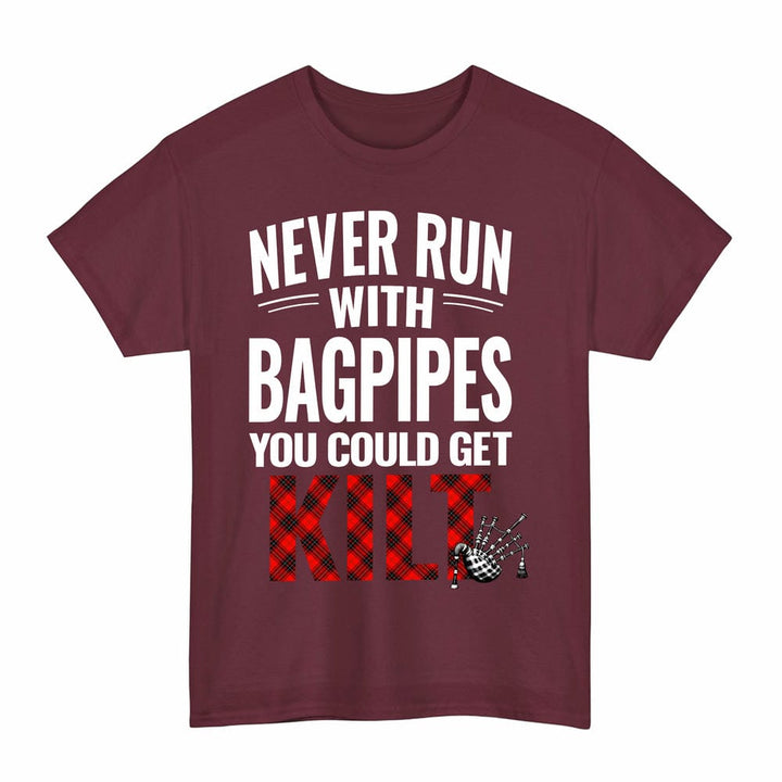 Scottish Wemyss Modern Clan Tartan Never Run With Bagpipes T-Shirt Tartan Plaid Maroon Color