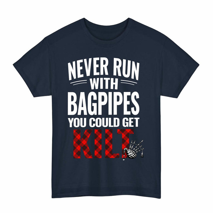 Scottish Wemyss Modern Clan Tartan Never Run With Bagpipes T-Shirt Tartan Plaid Navy Color