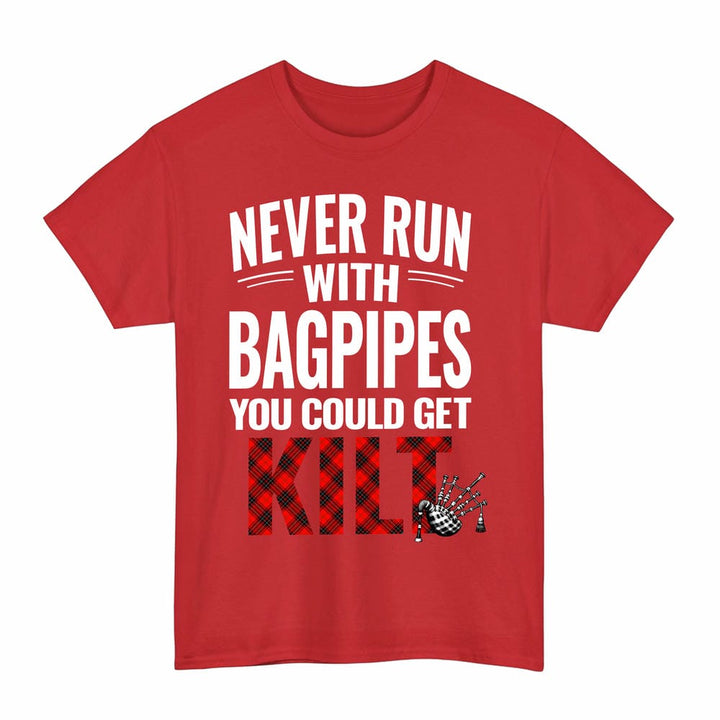 Scottish Wemyss Modern Clan Tartan Never Run With Bagpipes T-Shirt Tartan Plaid Red Color