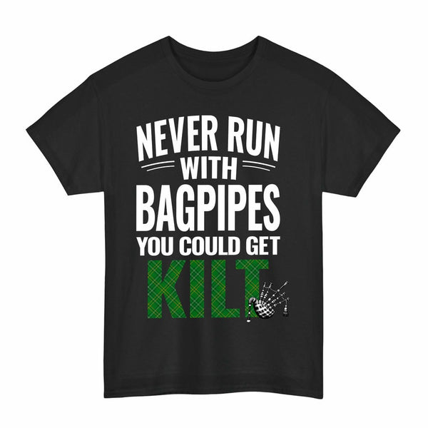 Scottish Wexford County Clan Tartan Never Run With Bagpipes T-Shirt Tartan Plaid Black Color