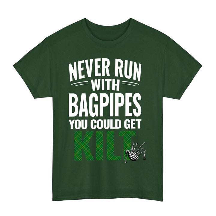 Scottish Wexford County Clan Tartan Never Run With Bagpipes T-Shirt Tartan Plaid Forest Green Color