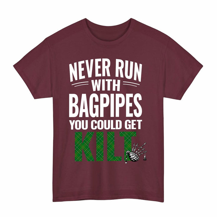 Scottish Wexford County Clan Tartan Never Run With Bagpipes T-Shirt Tartan Plaid Maroon Color