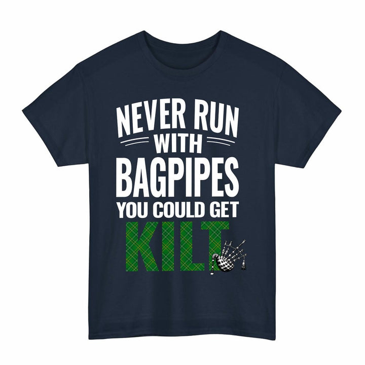 Scottish Wexford County Clan Tartan Never Run With Bagpipes T-Shirt Tartan Plaid Navy Color