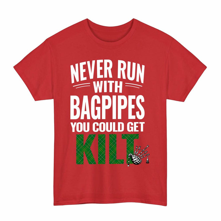 Scottish Wexford County Clan Tartan Never Run With Bagpipes T-Shirt Tartan Plaid Red Color