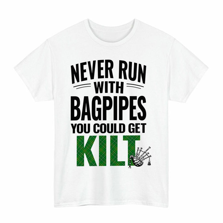 Scottish Wexford County Clan Tartan Never Run With Bagpipes T-Shirt Tartan Plaid White Color