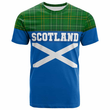 Scottish Wexford County Clan Tartan T-Shirt - Lion Rampant of Scotland With Flag Front Side Tartan Plaid