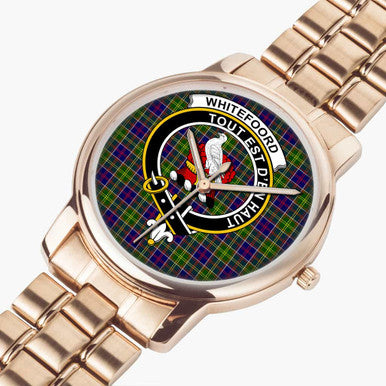 Scottish Whiteford Clan Crest Tartan Folding Clasp Steel Quartz Watches Tartan Plaid Rose Gold 2