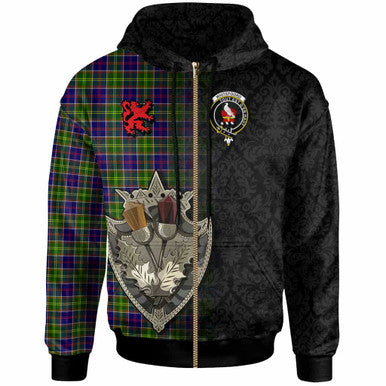 Scottish Whiteford Clan Crest Tartan Hoodie - Half Thistle Flowers Celtic Design Zip-up Tartan Plaid