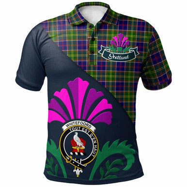 Scottish Whiteford Clan Crest Tartan Polo Shirt - Scotland Thistle Style Front Side Tartan Plaid