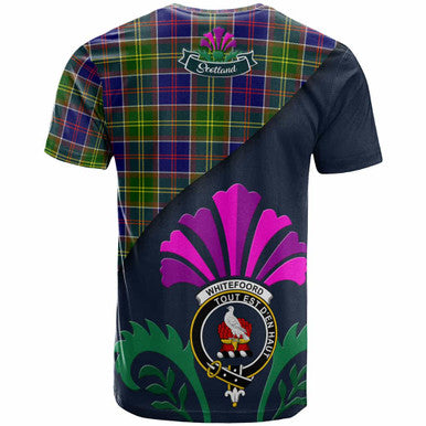 Scottish Whiteford Clan Crest Tartan T-Shirt - Scotland Thistle Style Back Side Tartan Plaid