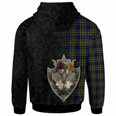 Scottish Whitelaw Clan Crest Tartan Hoodie - Half Thistle Flowers Celtic Design Back Side Tartan Plaid