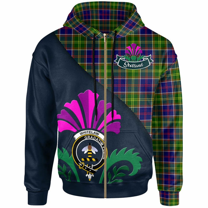 Scottish Whitelaw Clan Crest Tartan Hoodie - Scotland Thistle Style Zip-up Tartan Plaid