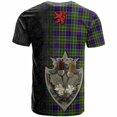 Scottish Whitelaw Clan Crest Tartan T-Shirt - Half Thistle Flowers Celtic Design Back Side Tartan Plaid