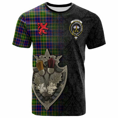Scottish Whitelaw Clan Crest Tartan T-Shirt - Half Thistle Flowers Celtic Design Front Side Tartan Plaid