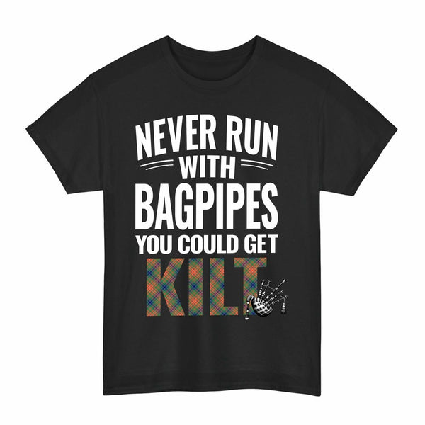 Scottish Wilson Ancient Clan Tartan Never Run With Bagpipes T-Shirt Tartan Plaid Black Color