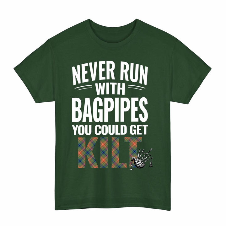 Scottish Wilson Ancient Clan Tartan Never Run With Bagpipes T-Shirt Tartan Plaid Forest Green Color