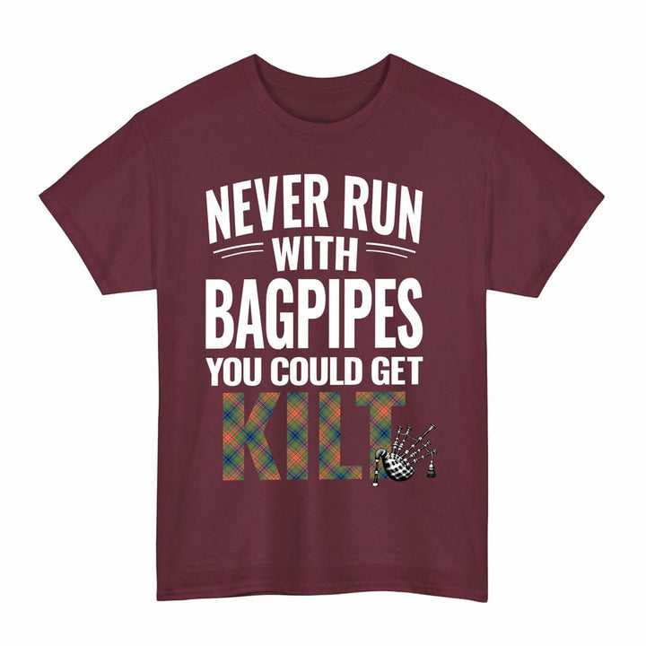 Scottish Wilson Ancient Clan Tartan Never Run With Bagpipes T-Shirt Tartan Plaid Maroon Color