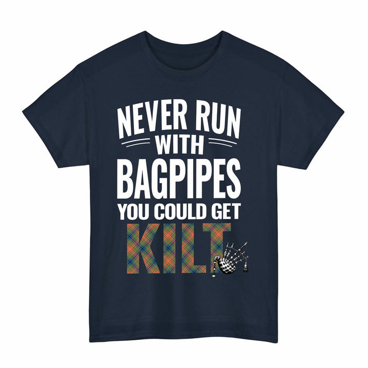 Scottish Wilson Ancient Clan Tartan Never Run With Bagpipes T-Shirt Tartan Plaid Navy Color