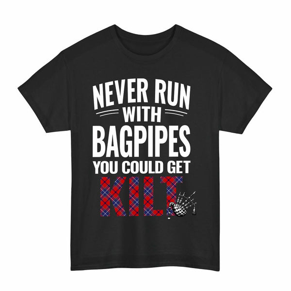 Scottish Wishart Dress Clan Tartan Never Run With Bagpipes T-Shirt Tartan Plaid Black Color