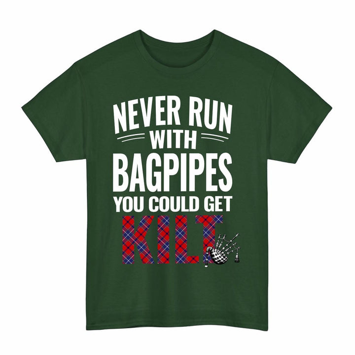 Scottish Wishart Dress Clan Tartan Never Run With Bagpipes T-Shirt Tartan Plaid Forest Green Color