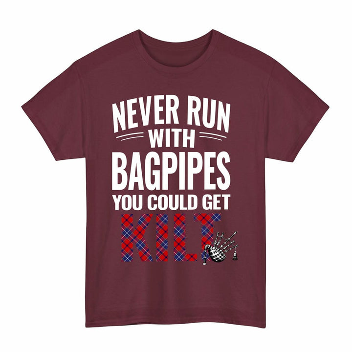 Scottish Wishart Dress Clan Tartan Never Run With Bagpipes T-Shirt Tartan Plaid Maroon Color