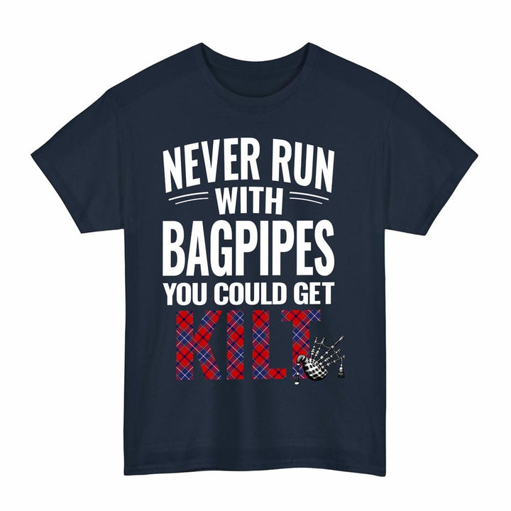 Scottish Wishart Dress Clan Tartan Never Run With Bagpipes T-Shirt Tartan Plaid Navy Color