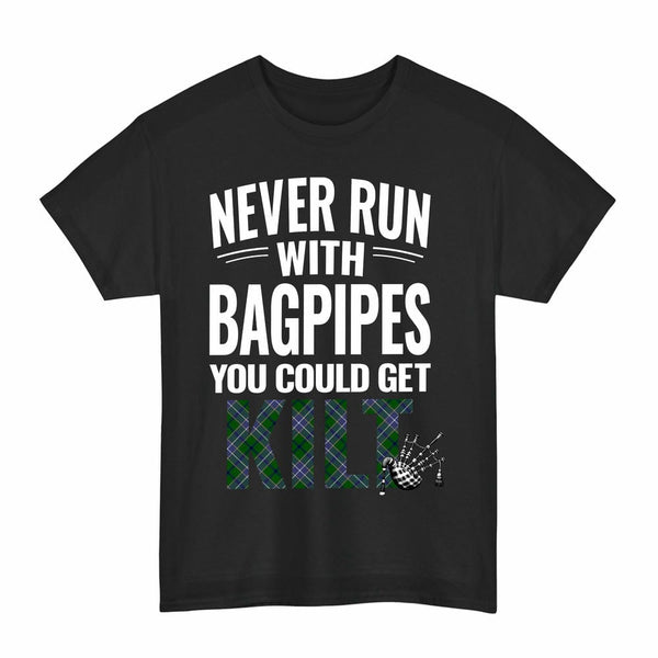 Scottish Wishart Hunting Modern Clan Tartan Never Run With Bagpipes T-Shirt Tartan Plaid Black Color