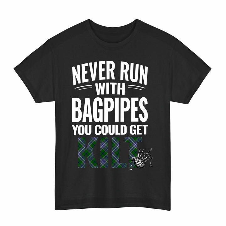 Scottish Wishart Hunting Modern Clan Tartan Never Run With Bagpipes T-Shirt Tartan Plaid Black Color