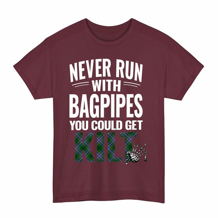 Scottish Wishart Hunting Modern Clan Tartan Never Run With Bagpipes T-Shirt Tartan Plaid Maroon Color
