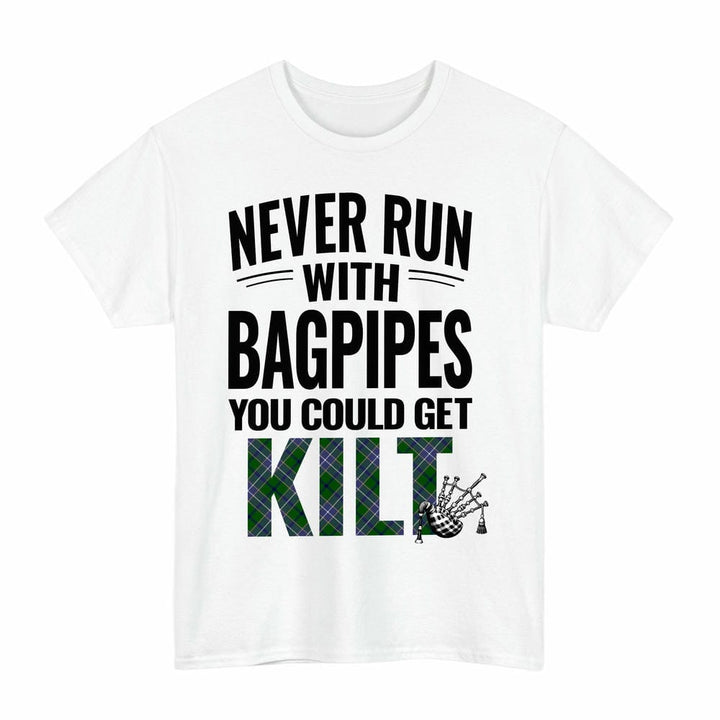 Scottish Wishart Hunting Modern Clan Tartan Never Run With Bagpipes T-Shirt Tartan Plaid White Color
