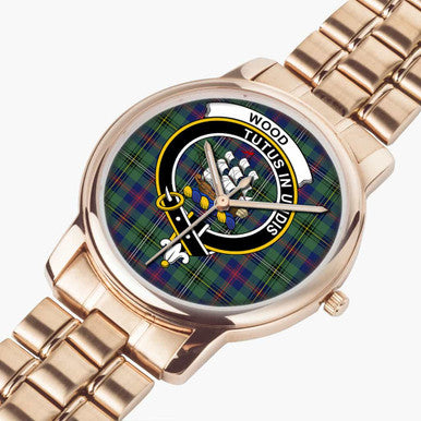 Scottish Wood Clan Crest Tartan Folding Clasp Steel Quartz Watches Tartan Plaid Rose Gold 2