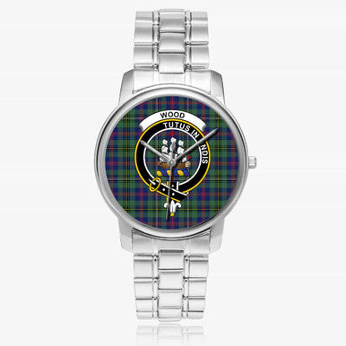 Scottish Wood Clan Crest Tartan Folding Clasp Steel Quartz Watches Tartan Plaid Silver 1