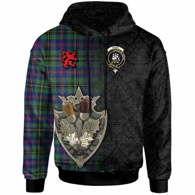 Scottish Wood Clan Crest Tartan Hoodie - Half Thistle Flowers Celtic Design Front Side Tartan Plaid