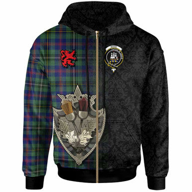Scottish Wood Clan Crest Tartan Hoodie - Half Thistle Flowers Celtic Design Zip-up Tartan Plaid