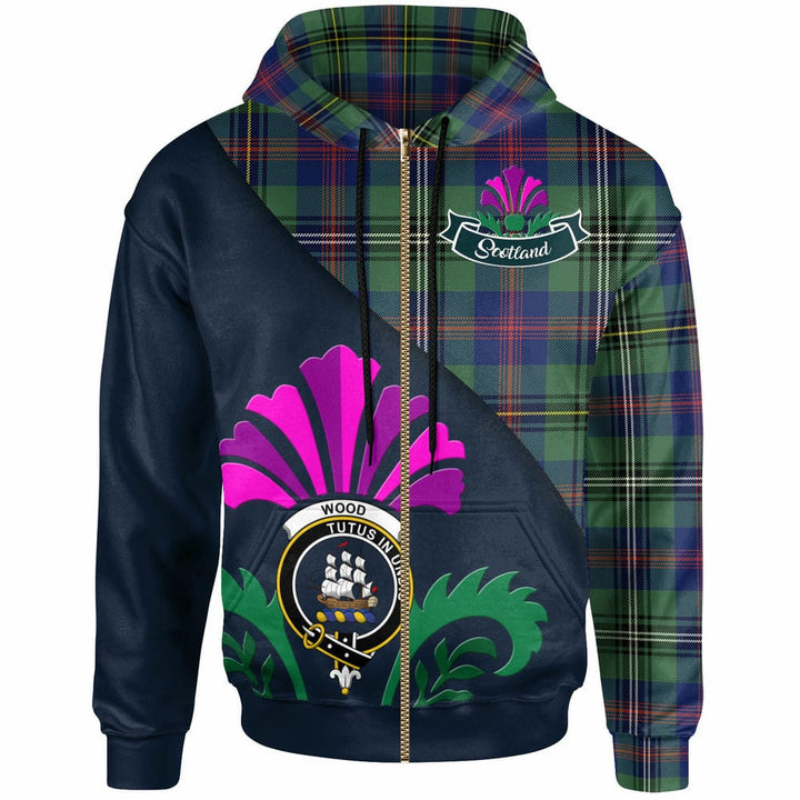 Scottish Wood Clan Crest Tartan Hoodie - Scotland Thistle Style Zip-up Tartan Plaid